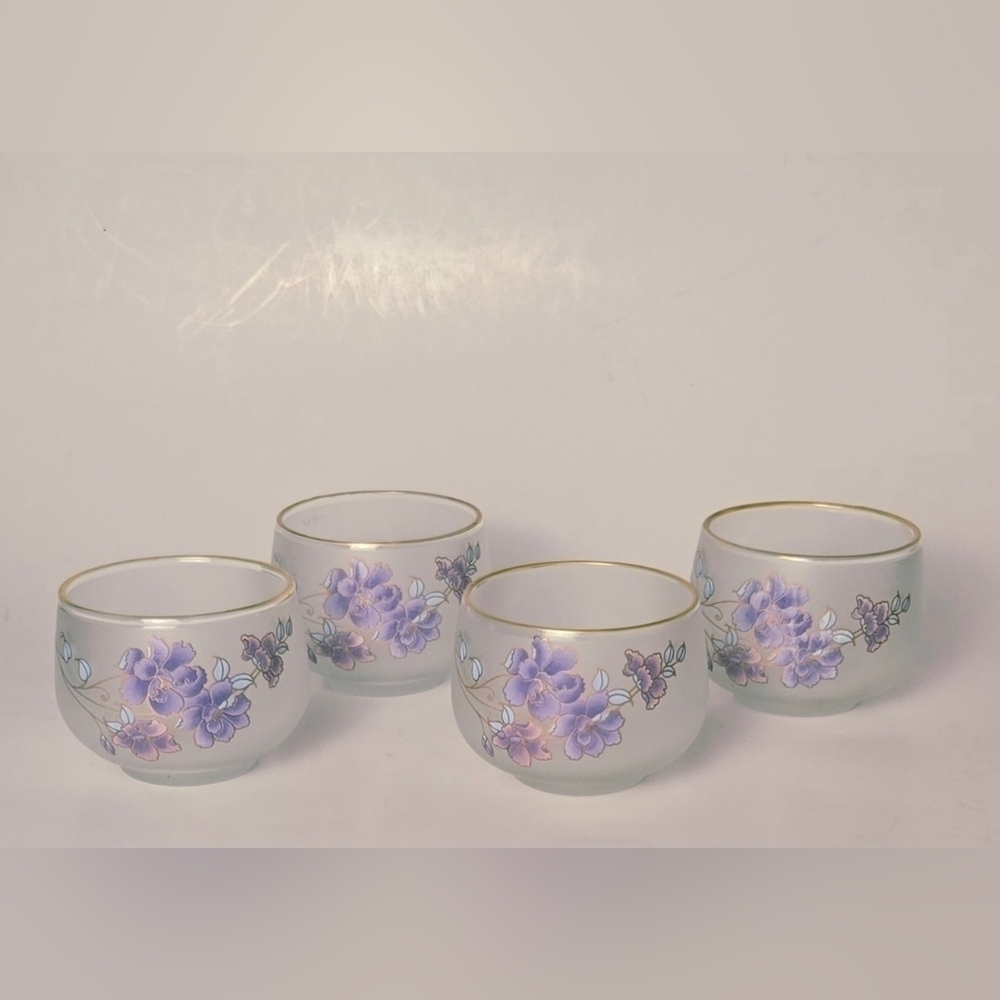 Vintage Frosted Floral Glasses Gold Rim Purple Flowers Set of 4 - Picture 3 of 8